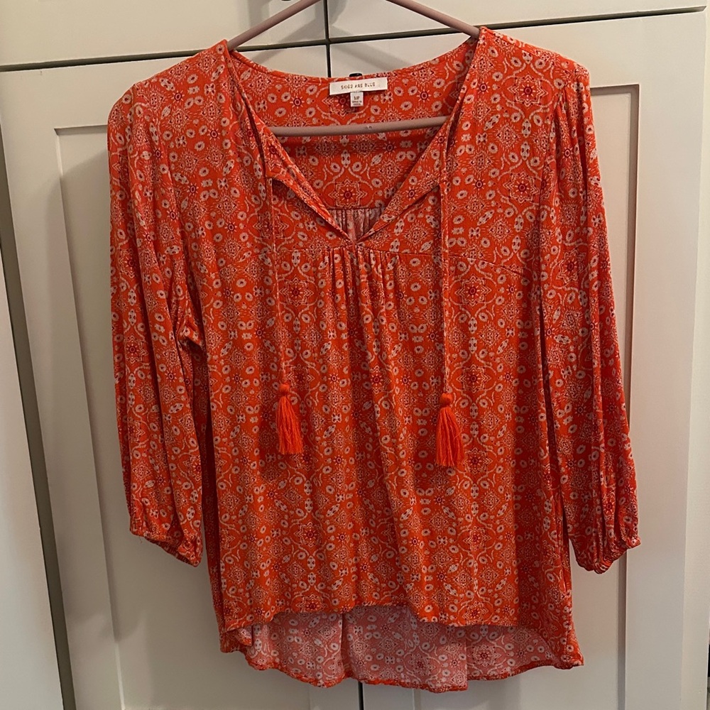 Orange Floral Feminine Fairy Cottage Flowy Blouse Tassel Size Medium Petite